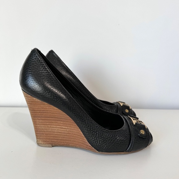 Tory Burch Carnell Open Toe Navy Wedge Heels Gold Logo Size 7 - Picture 4 of 10